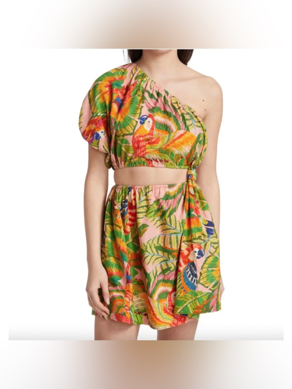 Farm Rio Macaw Leaves Linen Blend One Shoulder Cutout Mini Dress S Resort